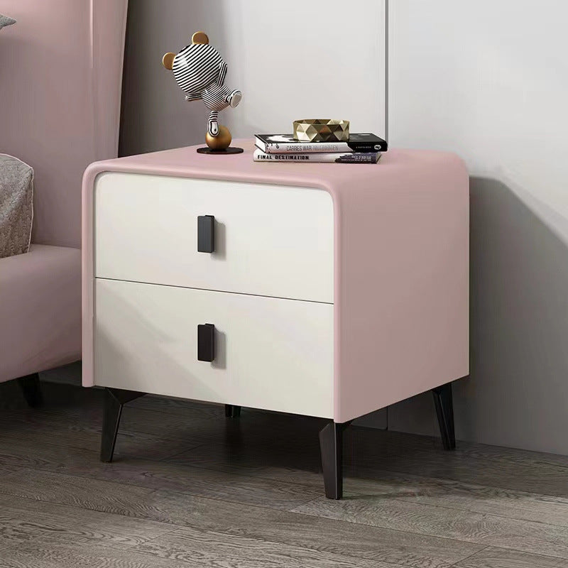 Contemporary Scandinavian Microfiber Leather Solid Wood Steel Rounded Square Nightstand With 2 Drawers For Bedroom