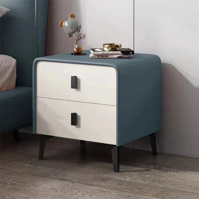 Contemporary Scandinavian Microfiber Leather Solid Wood Steel Rounded Square Nightstand With 2 Drawers For Bedroom