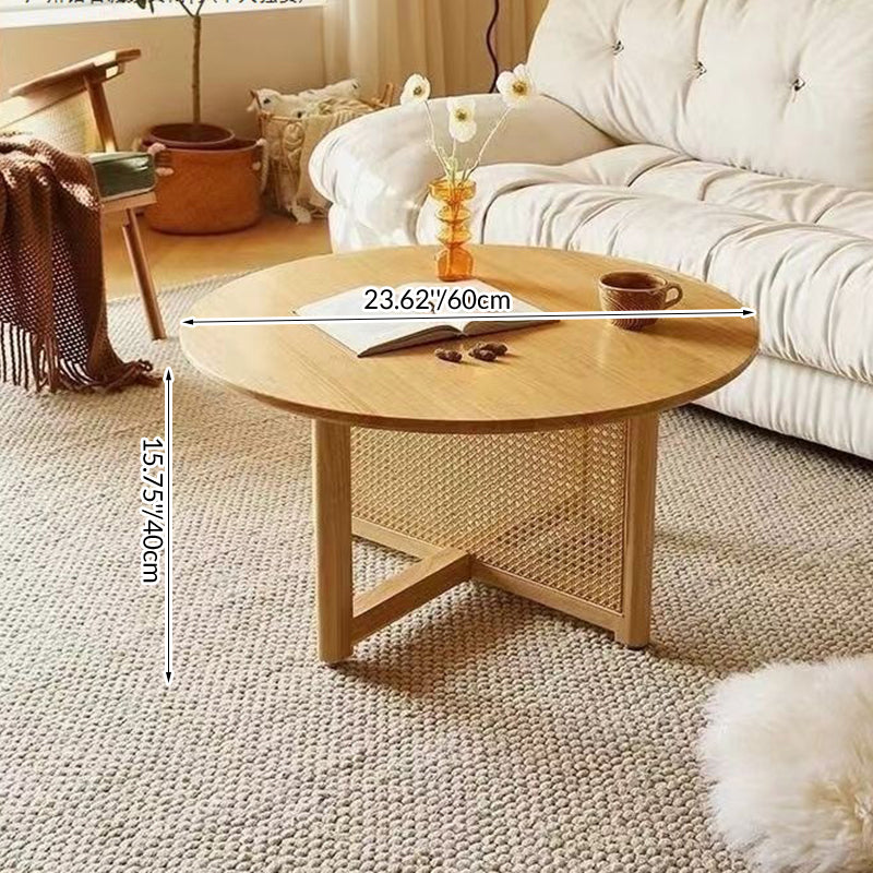 Traditional Japanese Solid Wood Rattan Hollow Round Coffee Table With 1 Tier For Living Room