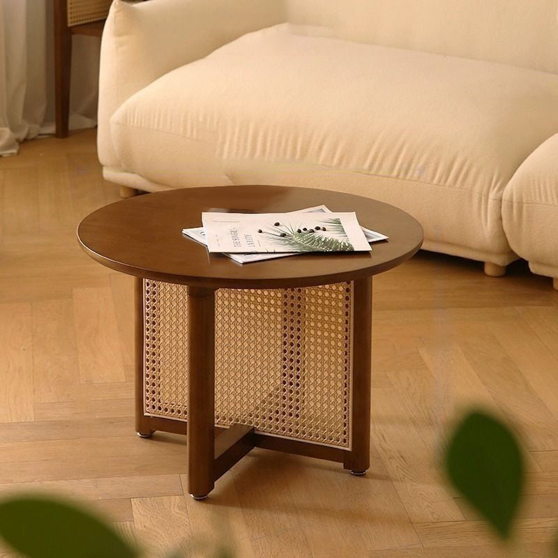 Traditional Japanese Solid Wood Rattan Hollow Round Coffee Table With 1 Tier For Living Room