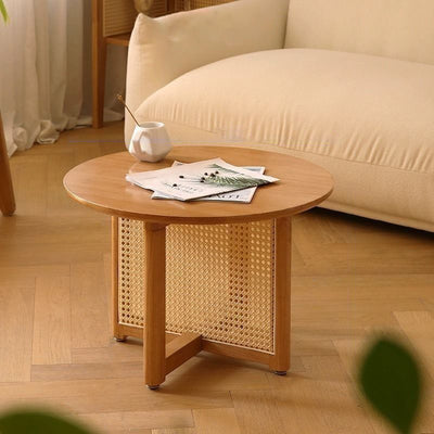 Traditional Japanese Solid Wood Rattan Hollow Round Coffee Table With 1 Tier For Living Room
