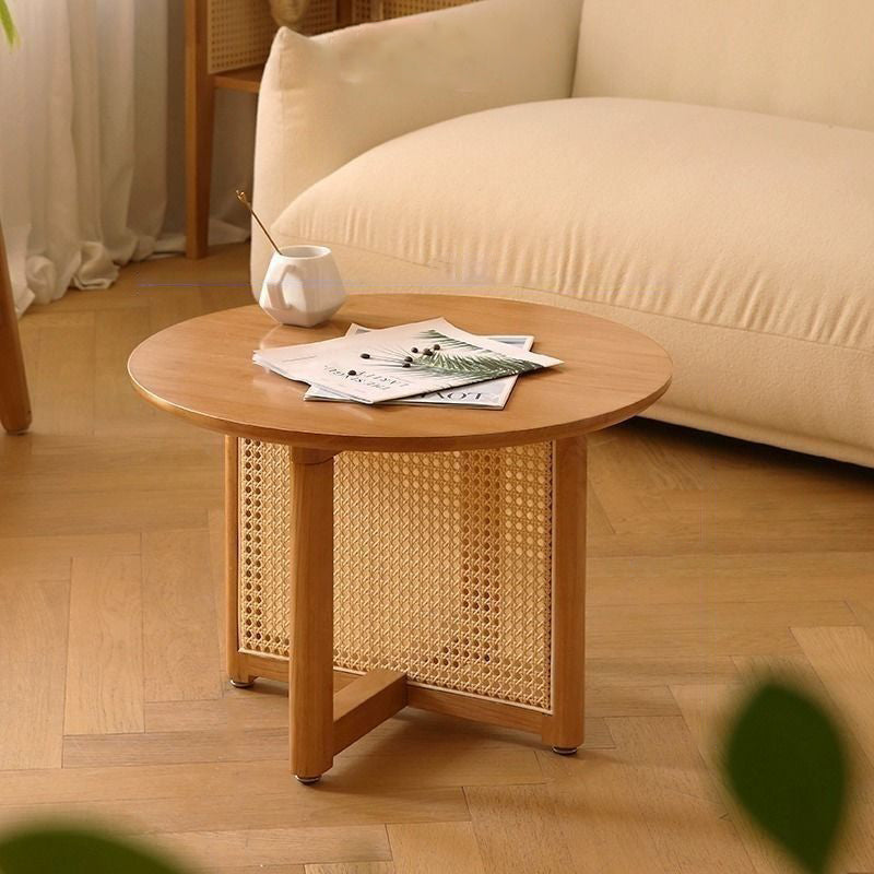 Traditional Japanese Solid Wood Rattan Hollow Round Coffee Table With 1 Tier For Living Room