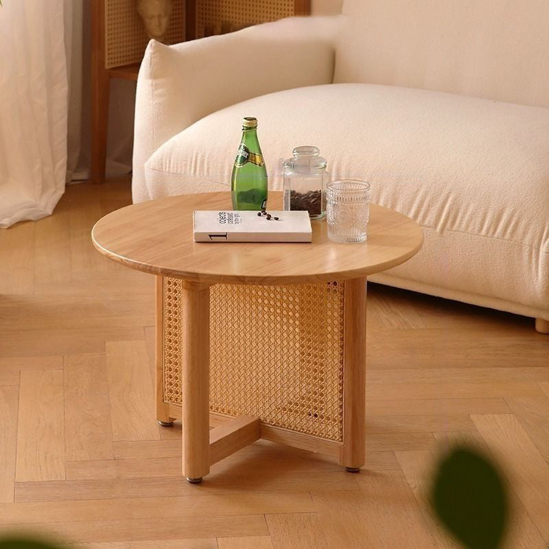 Traditional Japanese Solid Wood Rattan Hollow Round Coffee Table With 1 Tier For Living Room