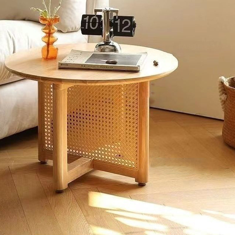 Traditional Japanese Solid Wood Rattan Hollow Round Coffee Table With 1 Tier For Living Room