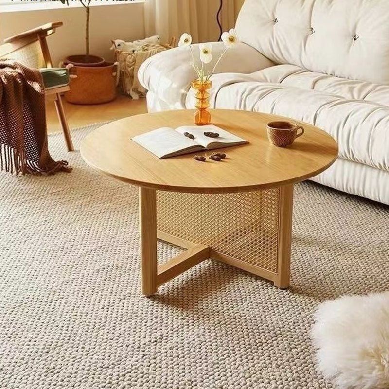 Traditional Japanese Solid Wood Rattan Hollow Round Coffee Table With 1 Tier For Living Room