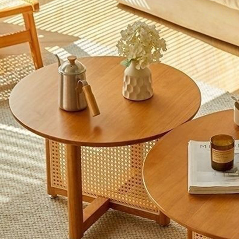 Traditional Japanese Solid Wood Rattan Hollow Round Coffee Table With 1 Tier For Living Room