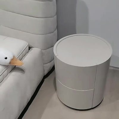 Modern Minimalist Solid Wood Metal Round Cylindrical Nightstand With 2 Drawers For Bedroom