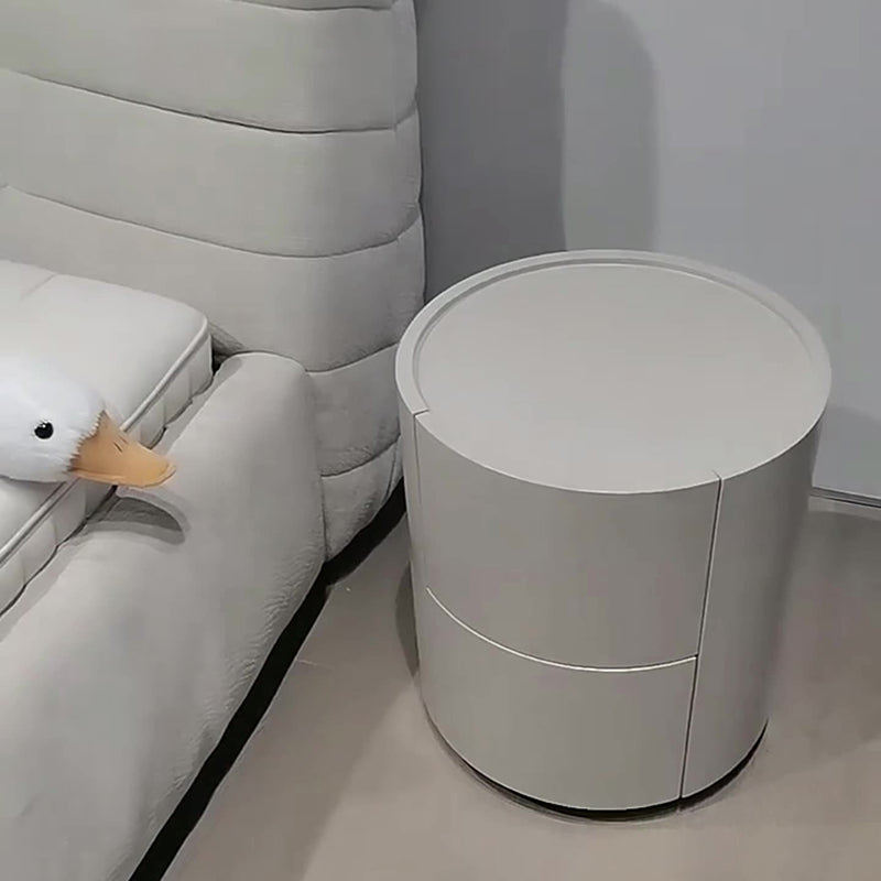 Modern Minimalist Solid Wood Metal Round Cylindrical Nightstand With 2 Drawers For Bedroom