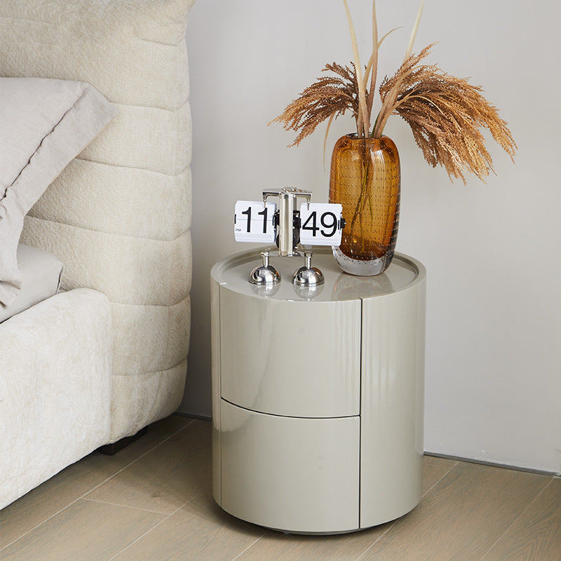 Modern Minimalist Solid Wood Metal Round Cylindrical Nightstand With 2 Drawers For Bedroom