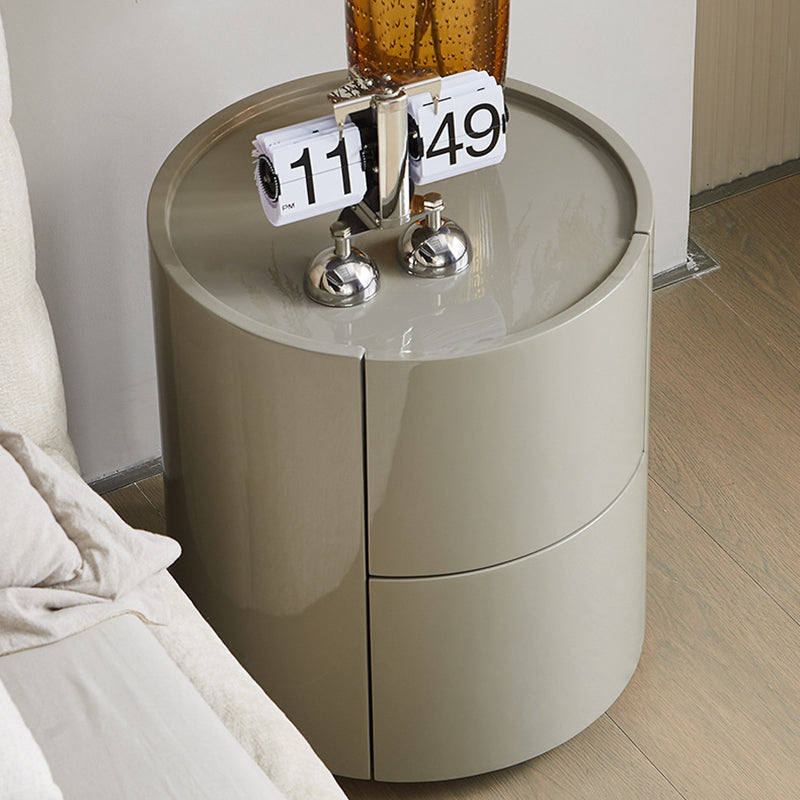 Modern Minimalist Solid Wood Metal Round Cylindrical Nightstand With 2 Drawers For Bedroom