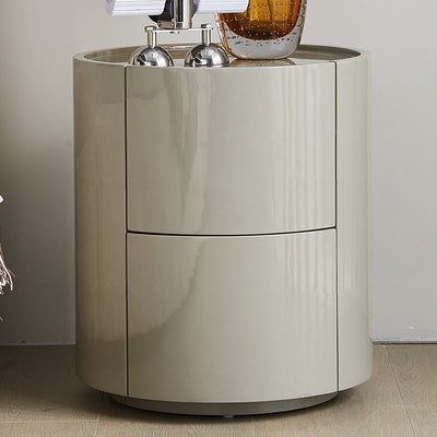 Modern Minimalist Solid Wood Metal Round Cylindrical Nightstand With 2 Drawers For Bedroom