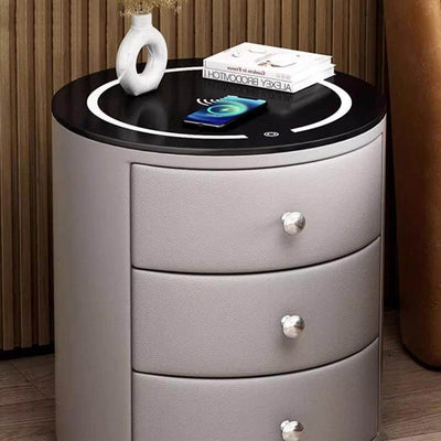 Modern Luxury Microfiber Leather Pine Sintered Stone Glass Round Cylindrical Nightstand 2 Drawers For Bedroom
