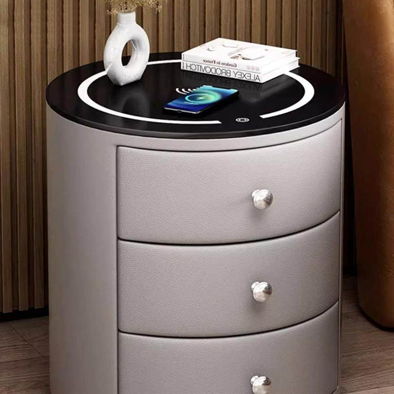Modern Luxury Microfiber Leather Pine Sintered Stone Glass Round Cylindrical Nightstand 2 Drawers For Bedroom