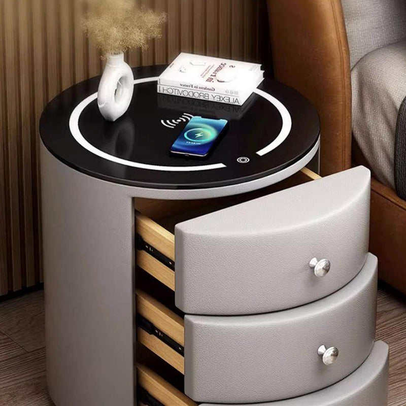 Modern Luxury Microfiber Leather Pine Sintered Stone Glass Round Cylindrical Nightstand 2 Drawers For Bedroom