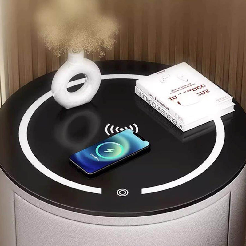 Modern Luxury Microfiber Leather Pine Sintered Stone Glass Round Cylindrical Nightstand 2 Drawers For Bedroom