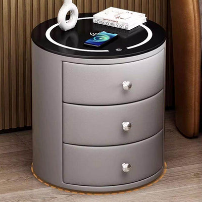 Modern Luxury Microfiber Leather Pine Sintered Stone Glass Round Cylindrical Nightstand 2 Drawers For Bedroom