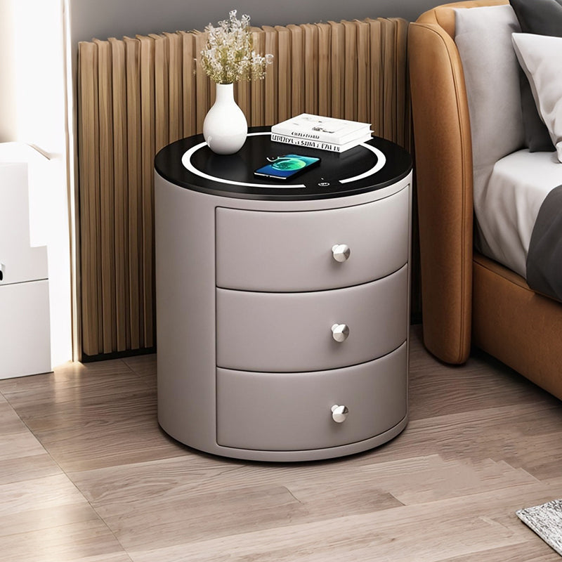 Moderner Luxus-Mikrofaser-Leder-Kiefer-Sinterstein-Glas-Runder Zylindrischer Nachttisch 2 Schubladen Für Schlafzimmer 