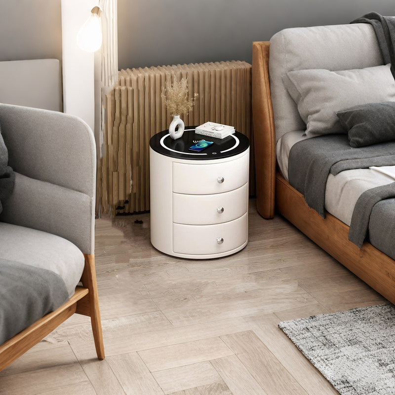 Modern Luxury Microfiber Leather Pine Sintered Stone Glass Round Cylindrical Nightstand 2 Drawers For Bedroom
