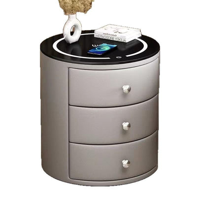 Modern Luxury Microfiber Leather Pine Sintered Stone Glass Round Cylindrical Nightstand 2 Drawers For Bedroom