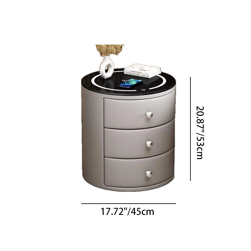 Modern Luxury Microfiber Leather Pine Sintered Stone Glass Round Cylindrical Nightstand 2 Drawers For Bedroom