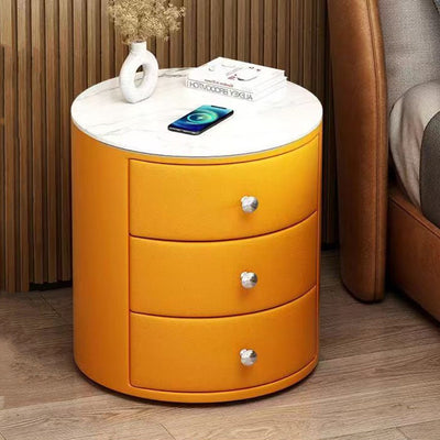 Modern Luxury Microfiber Leather Pine Sintered Stone Glass Round Cylindrical Nightstand 2 Drawers For Bedroom