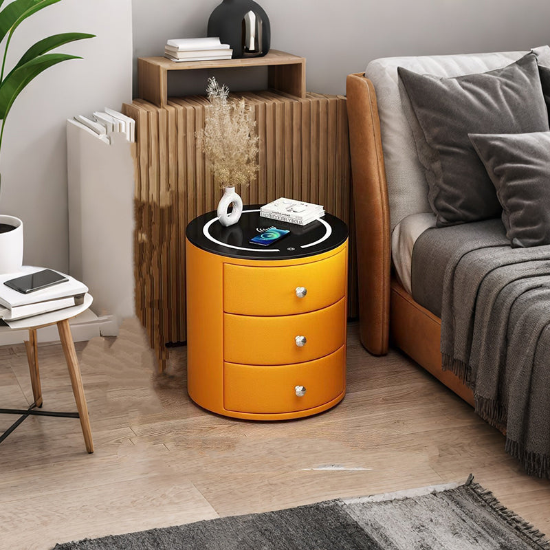 Modern Luxury Microfiber Leather Pine Sintered Stone Glass Round Cylindrical Nightstand 2 Drawers For Bedroom