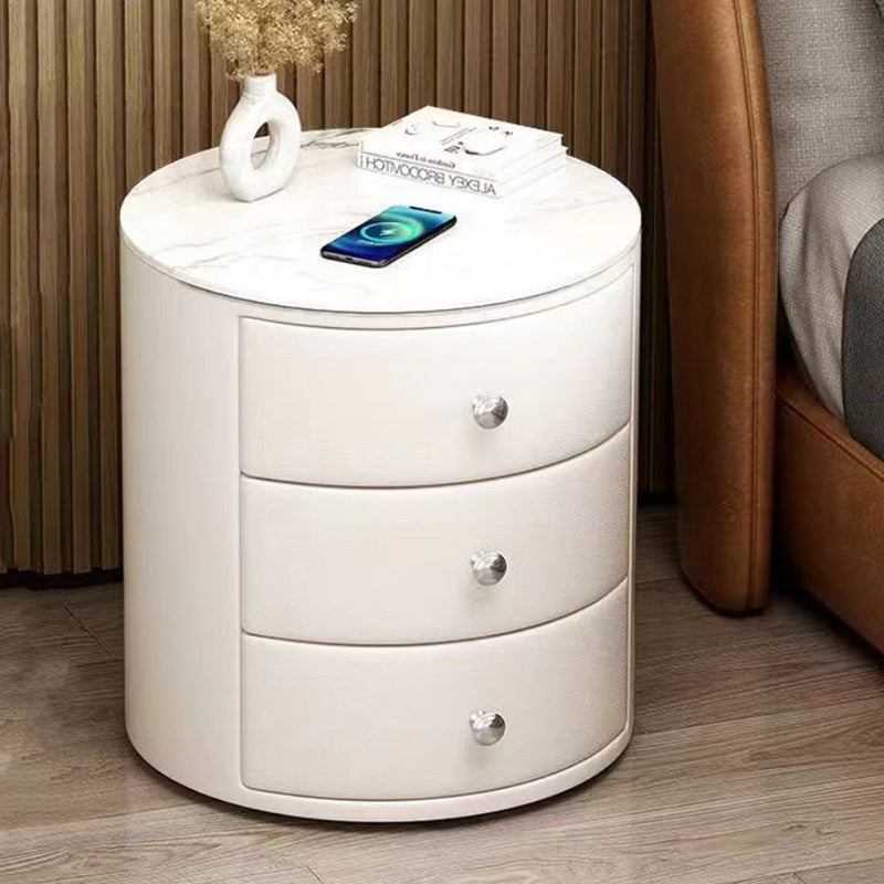 Modern Luxury Microfiber Leather Pine Sintered Stone Glass Round Cylindrical Nightstand 2 Drawers For Bedroom