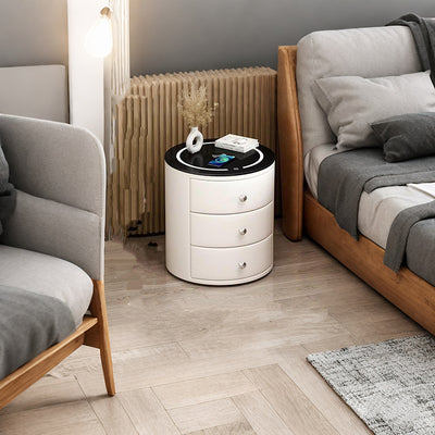 Modern Luxury Microfiber Leather Pine Sintered Stone Glass Round Cylindrical Nightstand 2 Drawers For Bedroom
