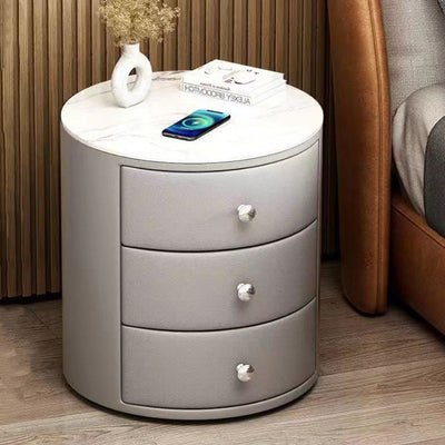 Modern Luxury Microfiber Leather Pine Sintered Stone Glass Round Cylindrical Nightstand 2 Drawers For Bedroom