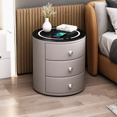 Modern Luxury Microfiber Leather Pine Sintered Stone Glass Round Cylindrical Nightstand 2 Drawers For Bedroom