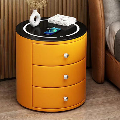 Modern Luxury Microfiber Leather Pine Sintered Stone Glass Round Cylindrical Nightstand 2 Drawers For Bedroom