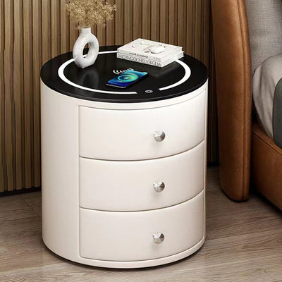 Modern Luxury Microfiber Leather Pine Sintered Stone Glass Round Cylindrical Nightstand 2 Drawers For Bedroom
