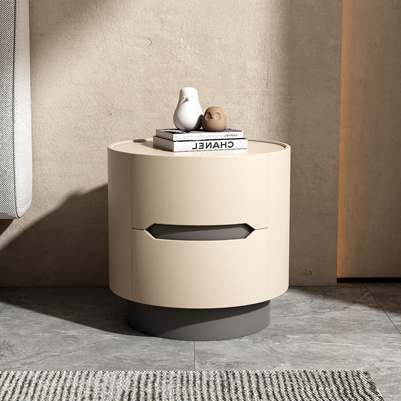 Traditional French Solid Wood Round Cylindrical Nightstand With 2 Drawers For Bedroom