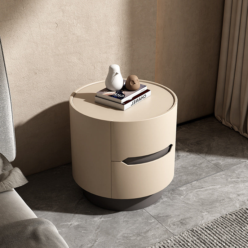 Traditional French Solid Wood Round Cylindrical Nightstand With 2 Drawers For Bedroom