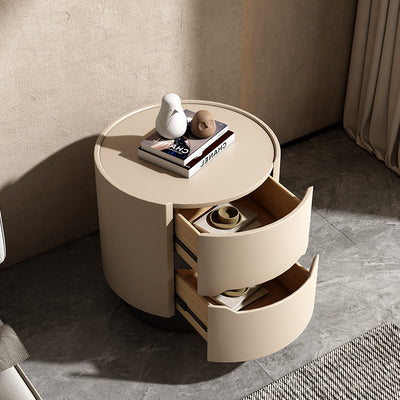 Traditional French Solid Wood Round Cylindrical Nightstand With 2 Drawers For Bedroom