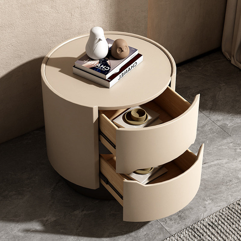 Traditional French Solid Wood Round Cylindrical Nightstand With 2 Drawers For Bedroom