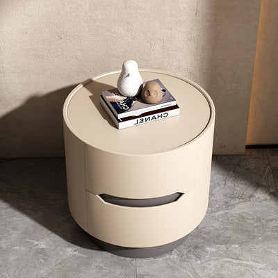 Traditional French Solid Wood Round Cylindrical Nightstand With 2 Drawers For Bedroom