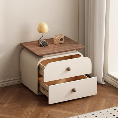 Traditional French Microfiber Leather Solid Wood Metal Rounded Square Nightstand With 2 Drawers For Bedroom
