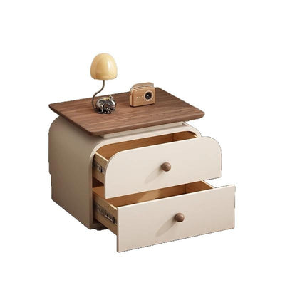 Traditional French Microfiber Leather Solid Wood Metal Rounded Square Nightstand With 2 Drawers For Bedroom