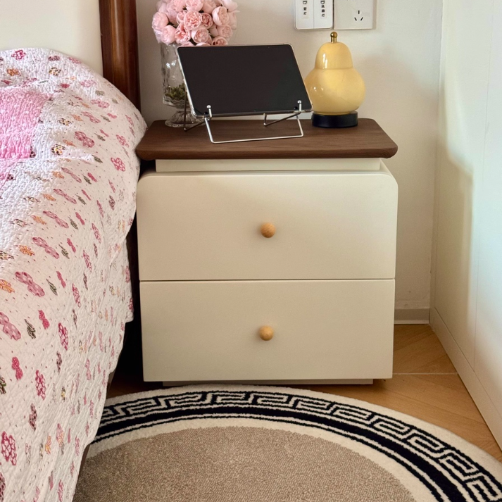 Traditional French Microfiber Leather Solid Wood Metal Rounded Square Nightstand With 2 Drawers For Bedroom