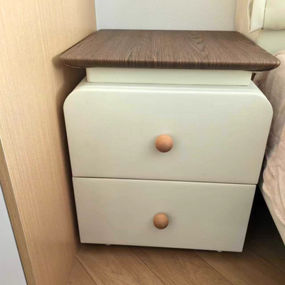 Traditional French Microfiber Leather Solid Wood Metal Rounded Square Nightstand With 2 Drawers For Bedroom