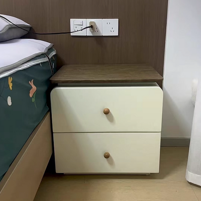 Traditional French Microfiber Leather Solid Wood Metal Rounded Square Nightstand With 2 Drawers For Bedroom