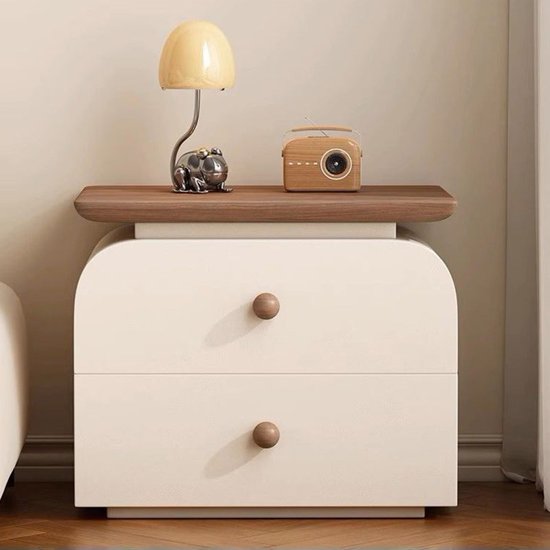 Traditional French Microfiber Leather Solid Wood Metal Rounded Square Nightstand With 2 Drawers For Bedroom