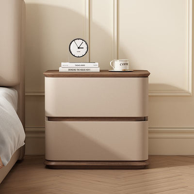 Modern Luxury Solid Wood Cat Scratch Leather Metal Rounded Square Nightstand With 2 Drawers For Bedroom