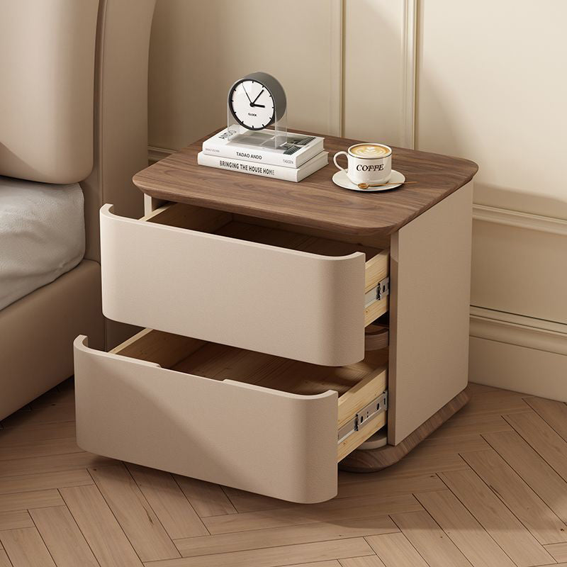 Modern Luxury Solid Wood Cat Scratch Leather Metal Rounded Square Nightstand With 2 Drawers For Bedroom