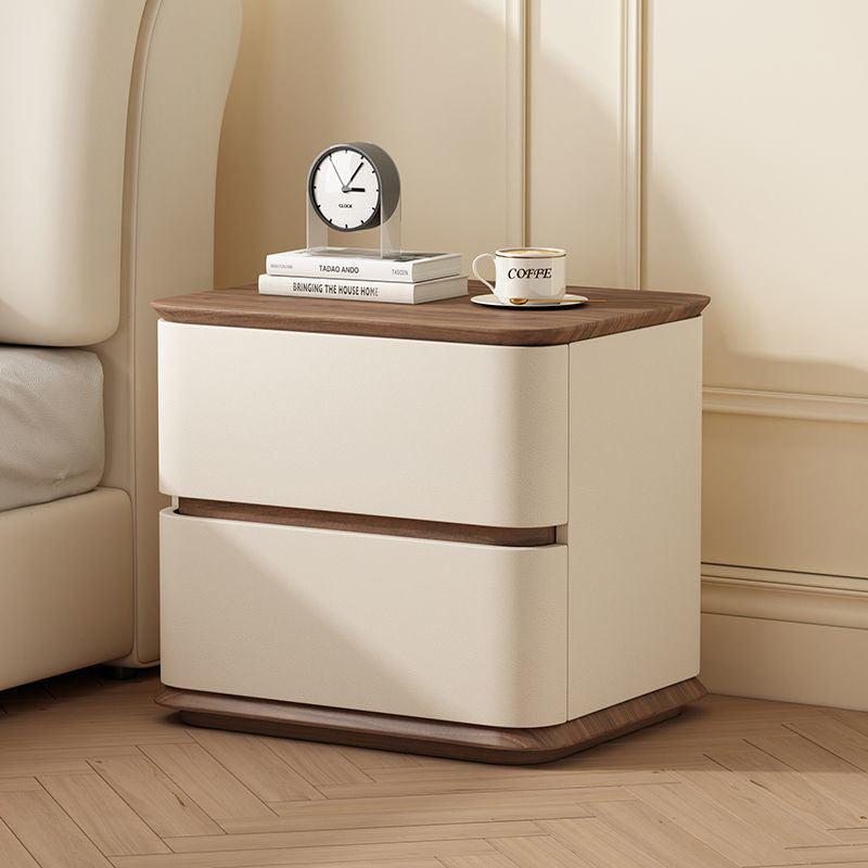 Modern Luxury Solid Wood Cat Scratch Leather Metal Rounded Square Nightstand With 2 Drawers For Bedroom