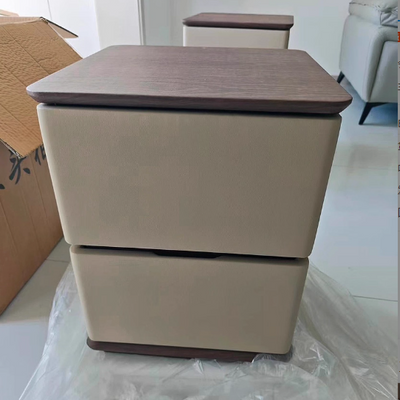 Modern Luxury Solid Wood Cat Scratch Leather Metal Rounded Square Nightstand With 2 Drawers For Bedroom