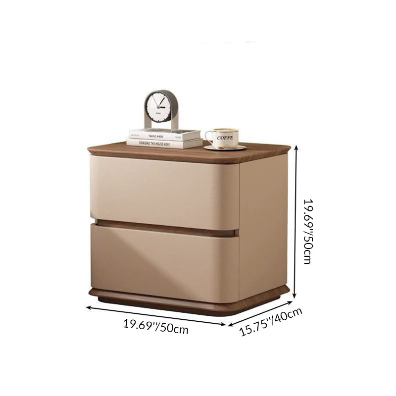 Modern Luxury Solid Wood Cat Scratch Leather Metal Rounded Square Nightstand With 2 Drawers For Bedroom