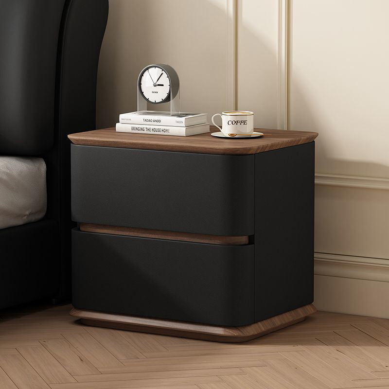 Modern Luxury Solid Wood Cat Scratch Leather Metal Rounded Square Nightstand With 2 Drawers For Bedroom