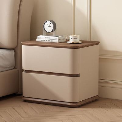 Modern Luxury Solid Wood Cat Scratch Leather Metal Rounded Square Nightstand With 2 Drawers For Bedroom